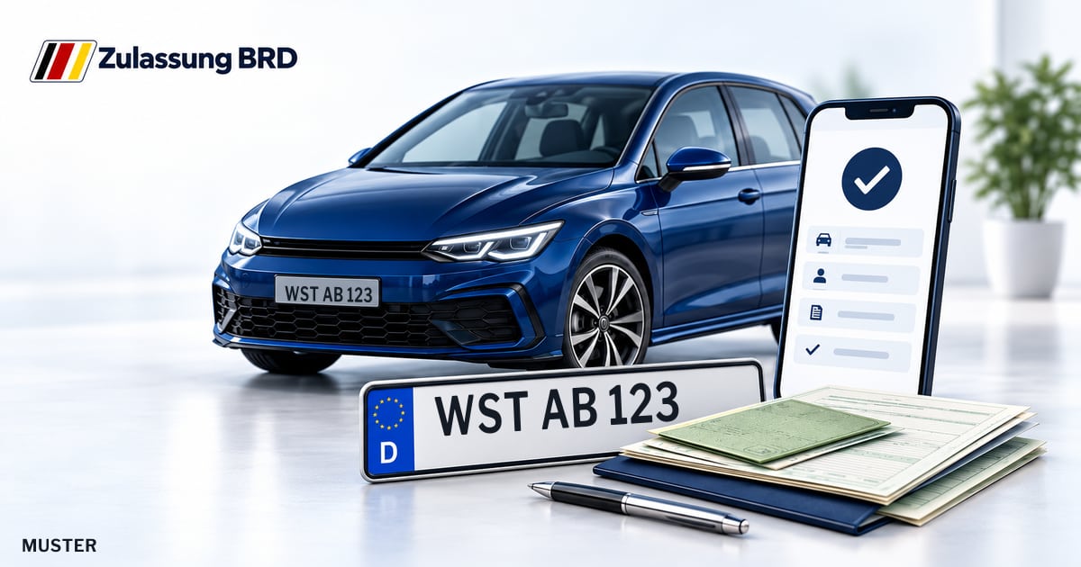 Online Fahrzeugzulassung in Bad Zwischenahn: Musterkennzeichen WST AB 123, Auto und Fahrzeugpapiere und Smartphone. Illustration mit Logo von Zulassung BRD.